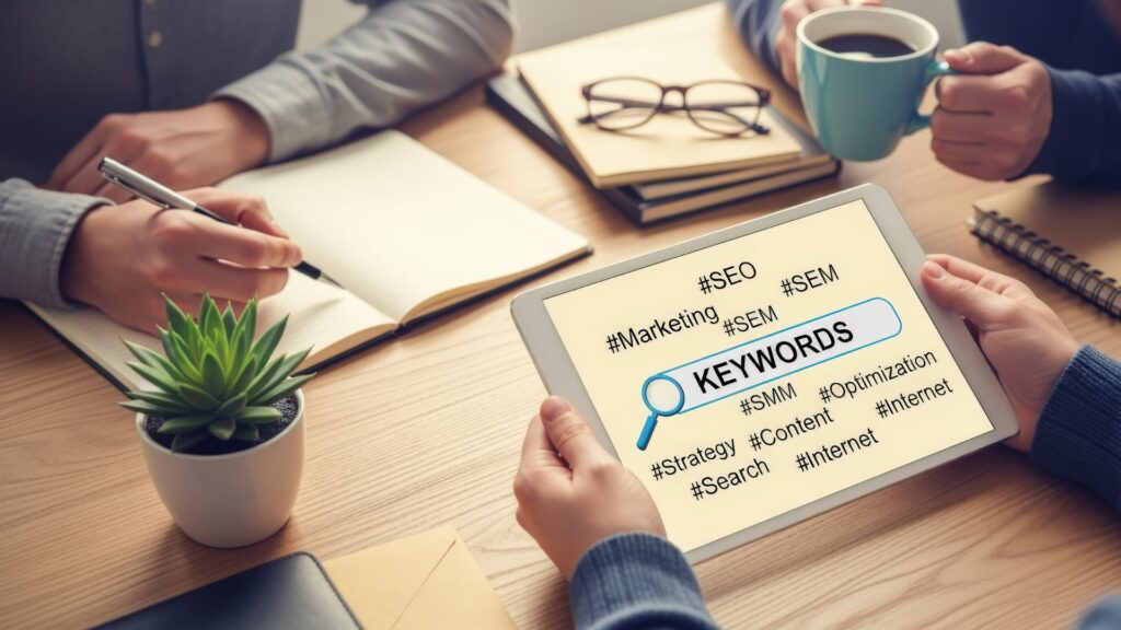 Tablet con ideas de palabras clave en una reunión de trabajo