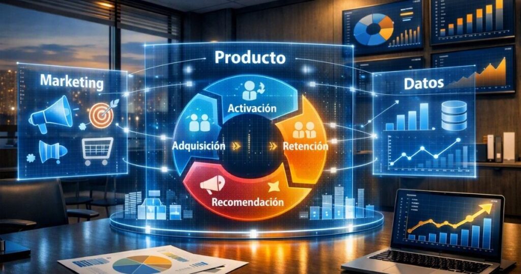 Oficina corporativa con hologramas que representan la integración entre marketing, producto y datos; paneles mostrando adquisición, activación, retención y recomendación