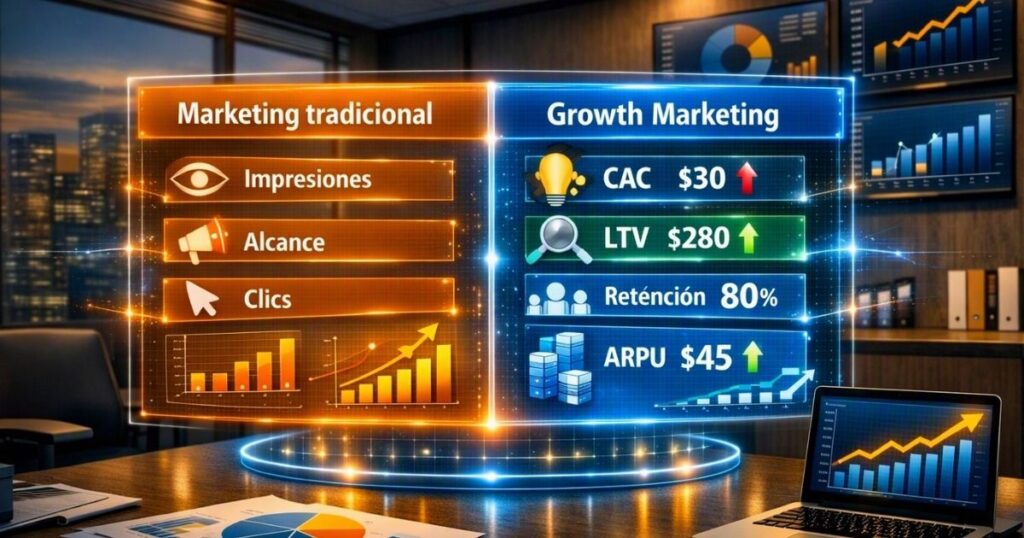 Imagen que muestra las Diferencias entre marketing tradicional y Growth Marketing
