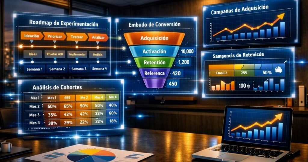 Imagen que presenta Oficina corporativa moderna con pantallas holográficas mostrando métricas de Growth Marketing (CAC, LTV, Retención, Conversión), embudo de crecimiento completo, gráficos ascendentes y elementos digitales conectados